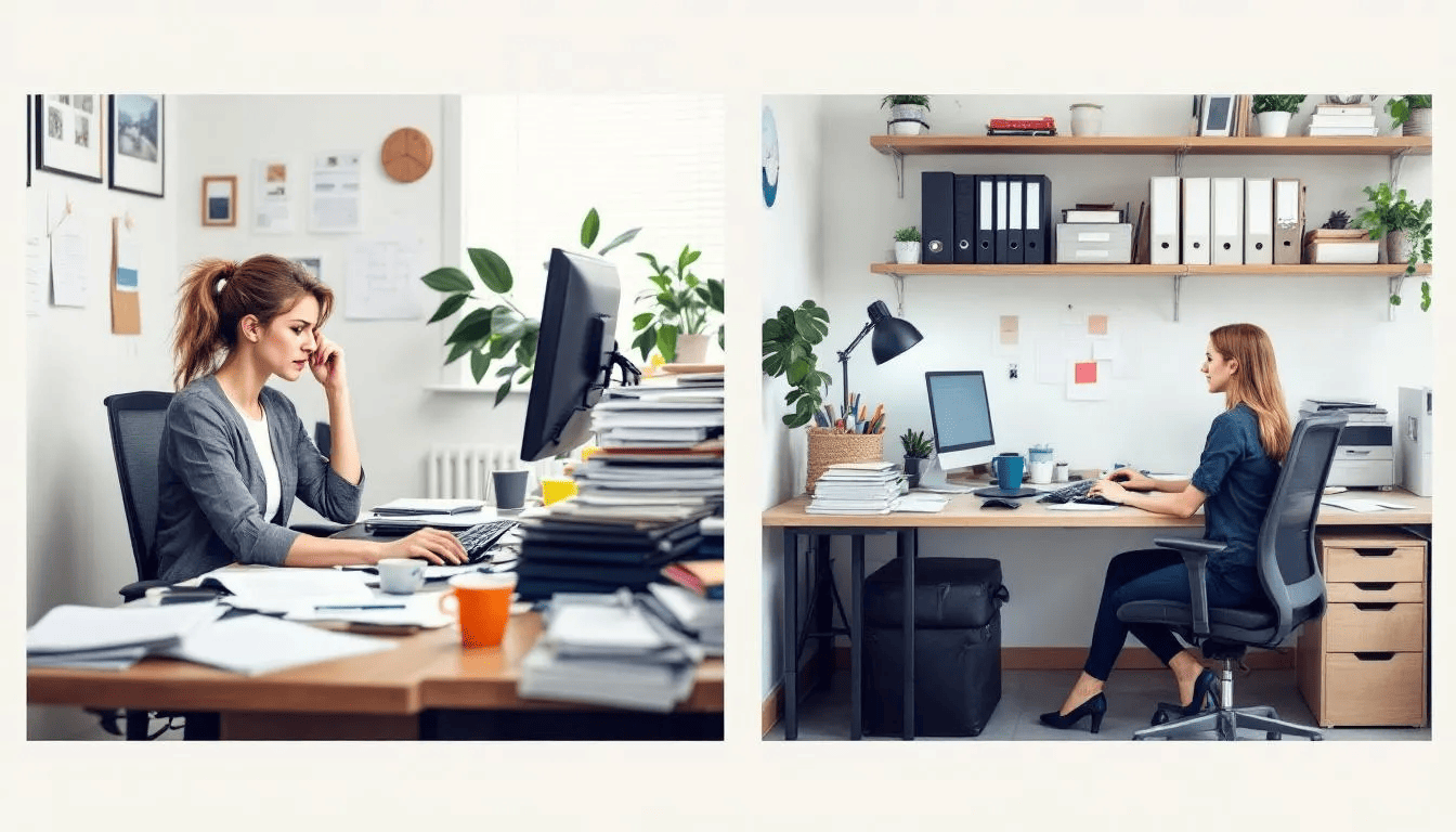 In der ersten Werkstatt sieht man eine gestresste Frau, die an einem überladenen Schreibtisch mit vielen Ordnern und Dokumenten arbeitet, während im zweiten Büro eine gelassene Frau an ihrem ordentlichen Schreibtisch am Computer sitzt. Beide Büros reflektieren unterschiedliche Arbeitsumgebungen, die möglicherweise mit Themen wie Schadenregulierung und Fuhrparkmanagement verbunden sind.