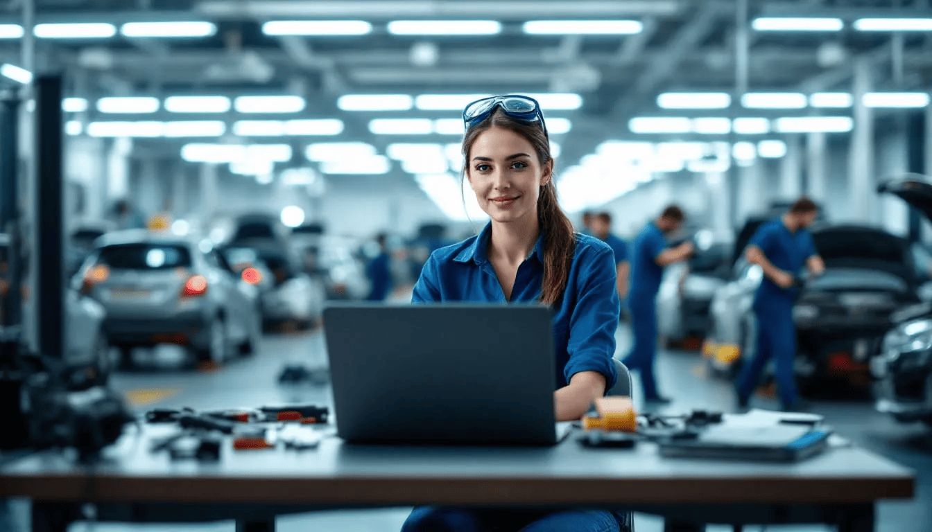 In der Autowerkstatt sitzt eine Frau am Computer und bearbeitet Schadenmeldungen für KFZ, während sie Informationen zu Reparaturen und Kosten auf einer Online-Plattform verwaltet. Sie sorgt für Transparenz und effiziente Prozesse in der Schadensregulierung.