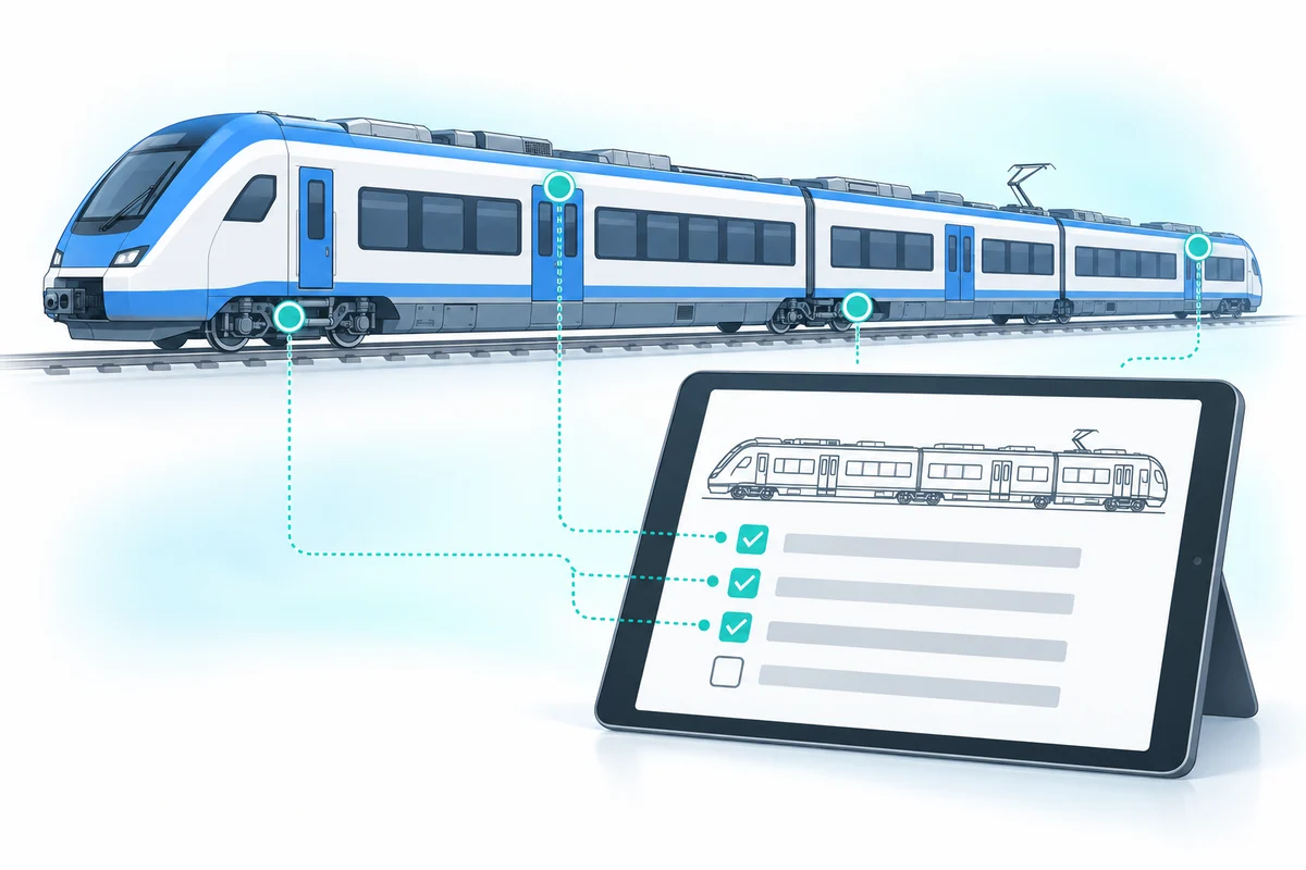 Regionalzug mit Prüfpunkten und einer digitalen Checkliste auf dem Tablet