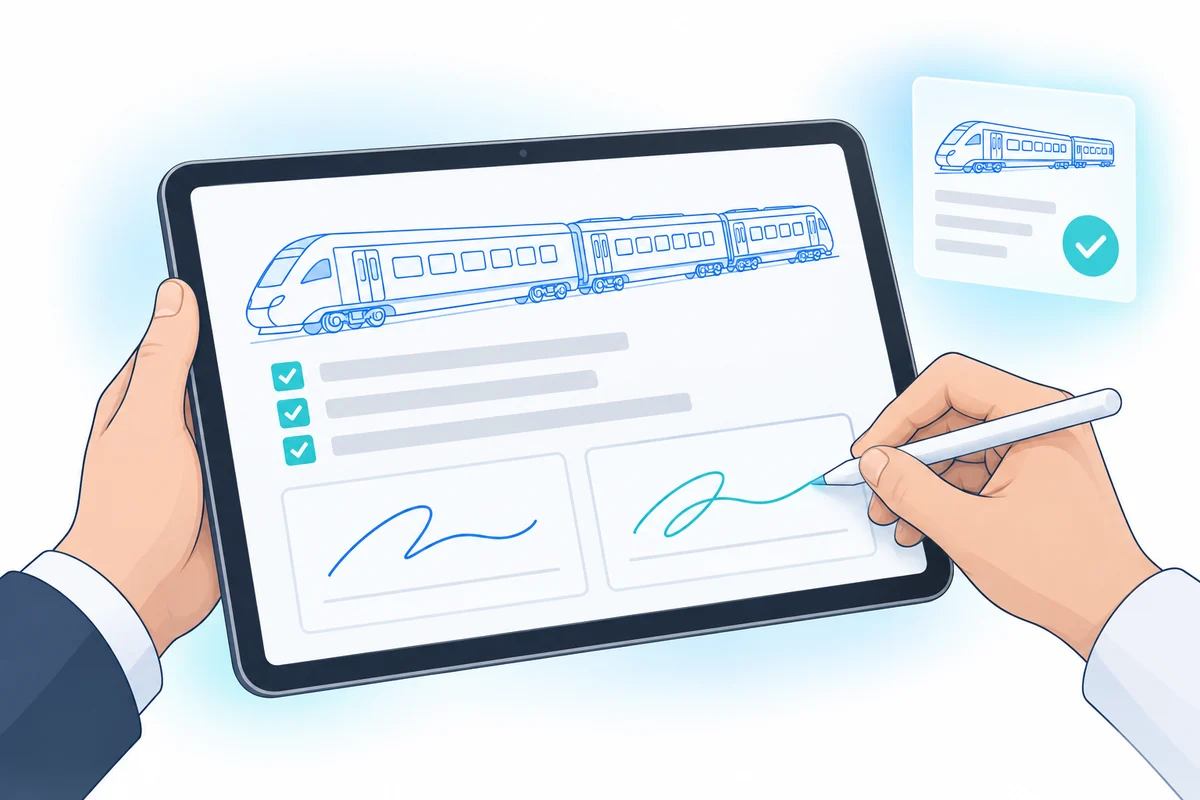 Zwei Parteien bestätigen ein Übergabeprotokoll mit Zugzeichnung und zwei Unterschriften auf dem Tablet